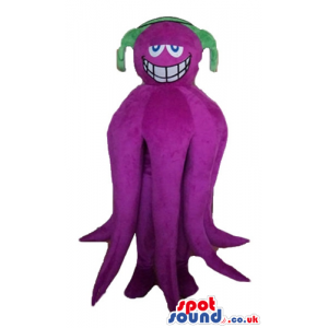 Smiling violet octopus with big blue eyes and a green hat -