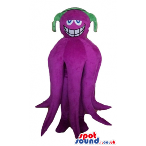 Smiling violet octopus with big blue eyes and a green hat -