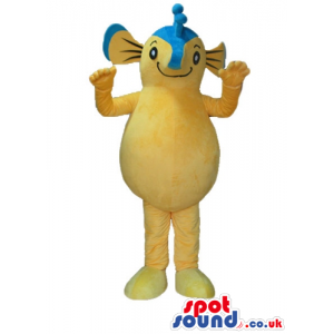 Yellow monster with small eyes and a light-blue stripe on the