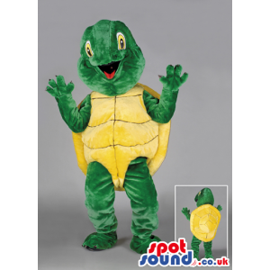 Green Turtle Mascot With Yellow Shell And Big Eyes - Custom