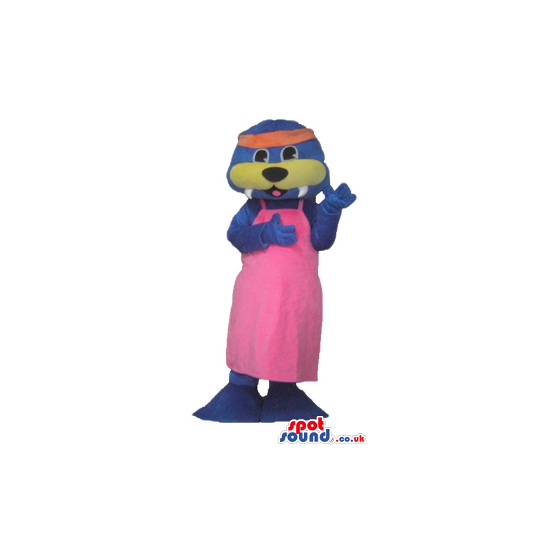 Purple seal with a yellow nose wearing a bright pink dress and
