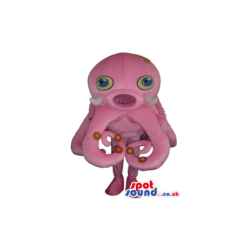 Big pink octopus with yellow and blue eyes and a round mouth -