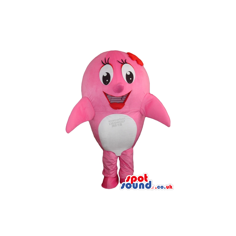 Fat pink whale with big round eyes, a big mouth and a red bow -