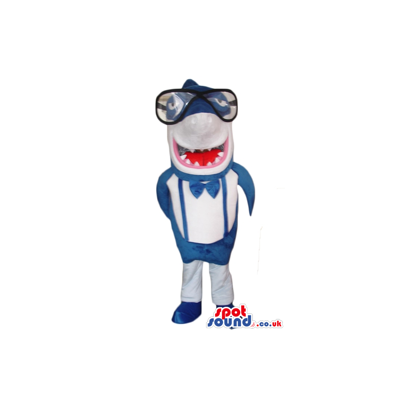 Blue shark wearing big glasses with a black frame, a blue bow