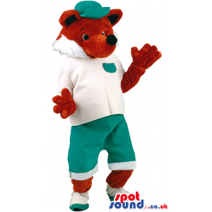 Fox Mascot With Sportswear And Green Hat And T-Shirt - Custom