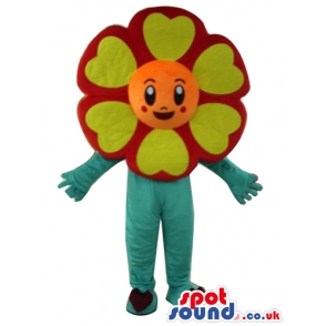 Red and yellow flower with a green stem and a red heart on the