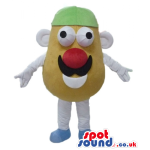 Mr potato head with big eyes, a big red nose, a black moustach