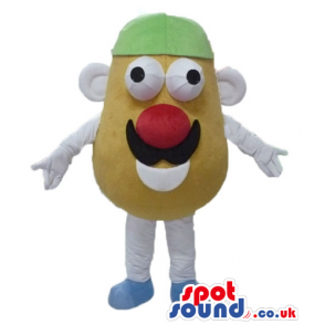 Mr potato head with big eyes, a big red nose, a black moustach