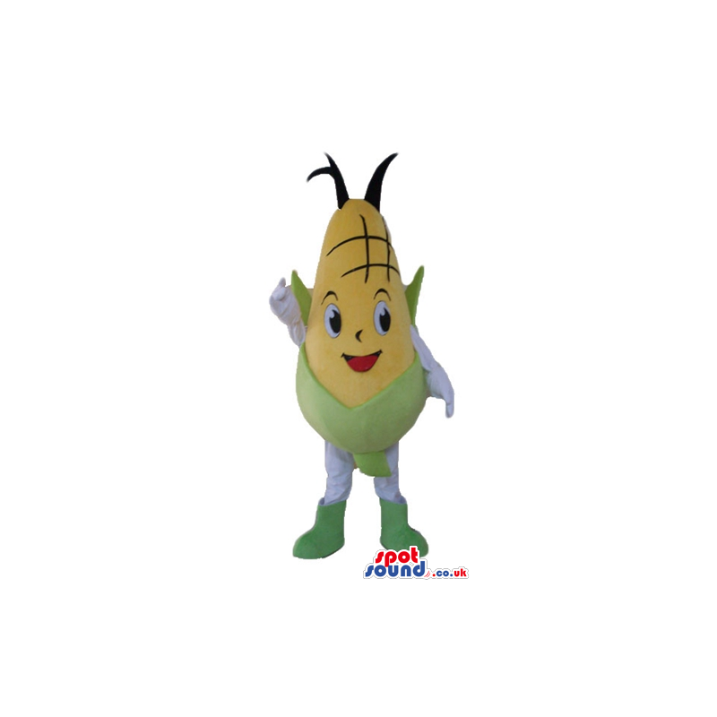 Yellow corn with a green hat and green leavs, white arms and