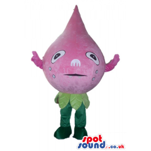 Purple onion with big sad eyes, green legs, purple arms -