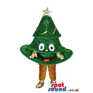 Christmas tree mascot in brown pant and in gold colour gloves -