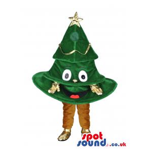 Christmas tree mascot in brown pant and in gold colour gloves -