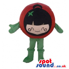 Red tomato with a face with black fringe, green arms and legs -