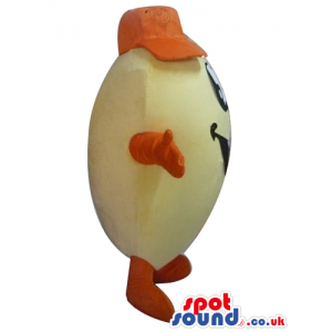 Peeled potato with big eyes and mouth, orange arms and legs and