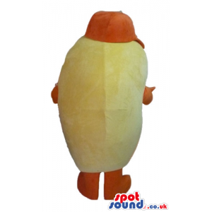 Peeled potato with big eyes and mouth, orange arms and legs and