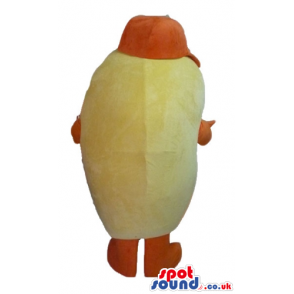 Peeled potato with big eyes and mouth, orange arms and legs and