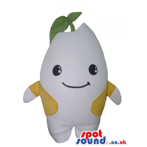 Smiling white tooth wearing a yellwo coat and gren stem -