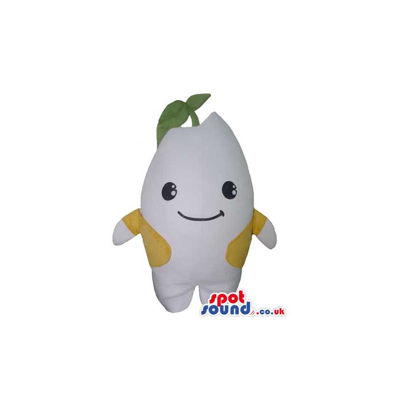Smiling white tooth wearing a yellwo coat and gren stem -