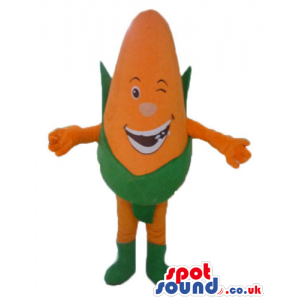 Smiling orange corn with a pink nose wearing green leaves