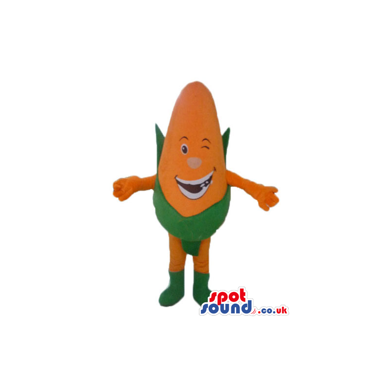 Smiling orange corn with a pink nose wearing green leaves