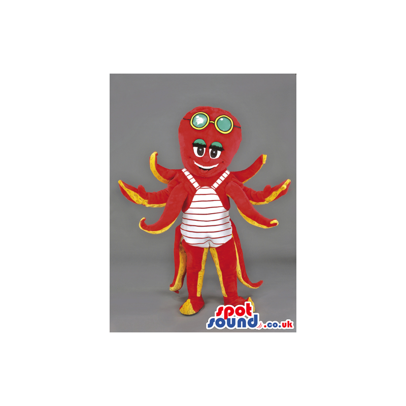 Red And Yellow Octopus Mascot With Swimming Glasses - Custom