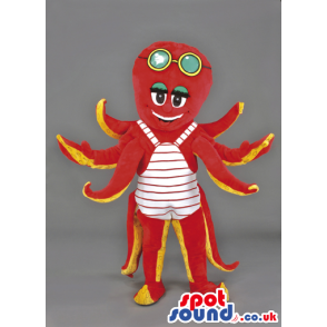 Red And Yellow Octopus Mascot With Swimming Glasses - Custom