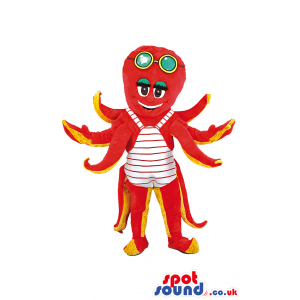 Red And Yellow Octopus Mascot With Swimming Glasses - Custom