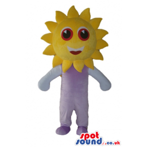Yellow sunflower with big eyes a big smile and teeth wearing a