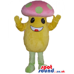 Mushroom with a yellow body, a pink and green head and green