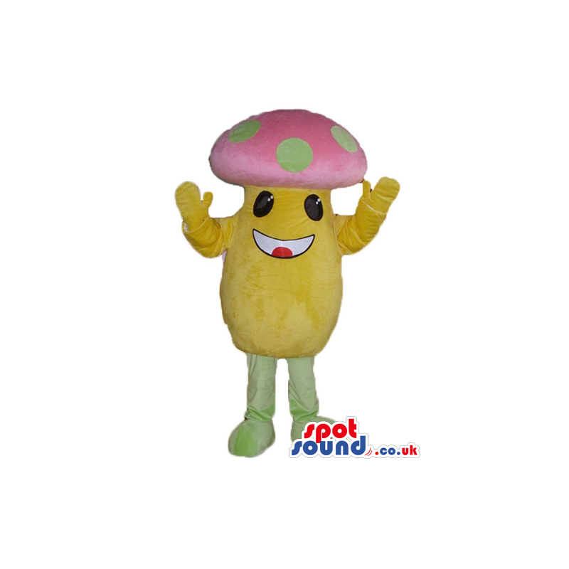 Mushroom with a yellow body, a pink and green head and green