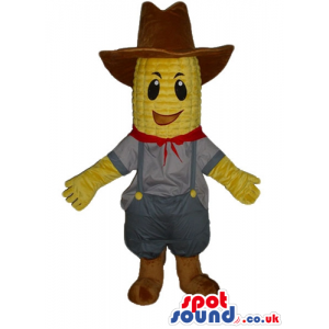 Smiling yellow corn wearing a brown cow boy hat, a grey shirt