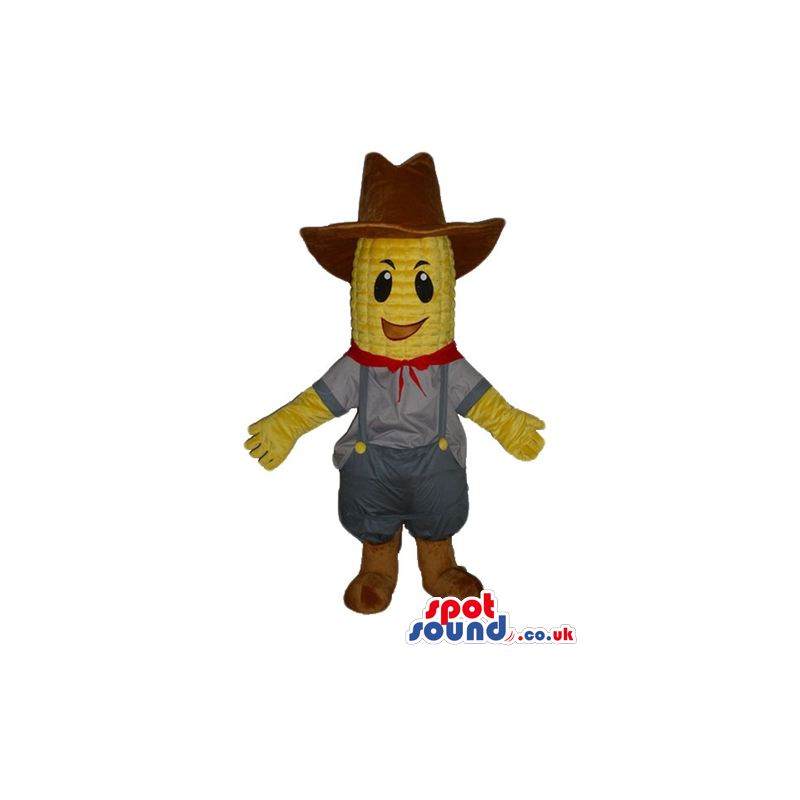 Smiling yellow corn wearing a brown cow boy hat, a grey shirt