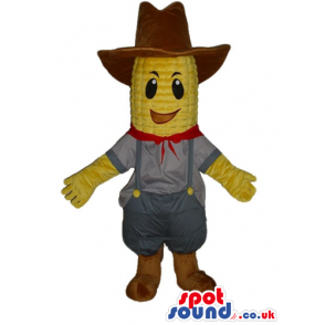 Smiling yellow corn wearing a brown cow boy hat, a grey shirt