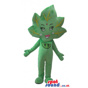 Green leafe with big eyes and long eyelashes with a green logo