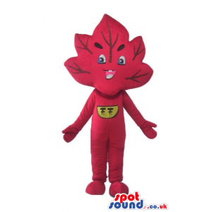 Red leaf with big eyes and long eyelashes with a yellow logo on