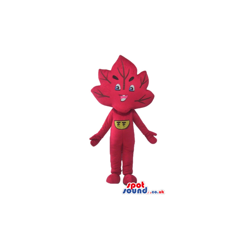 Red leaf with big eyes and long eyelashes with a yellow logo on