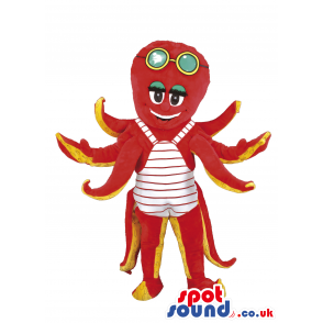 Red And Yellow Octopus Mascot With Swimming Glasses - Custom