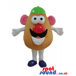 Mr potato head with big eyes, a big red nose, a black moustach