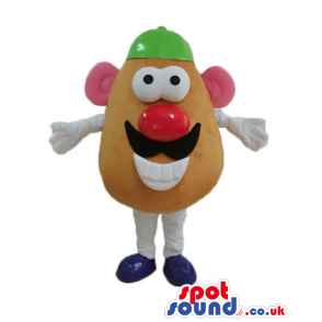 Mr potato head with big eyes, a big red nose, a black moustach