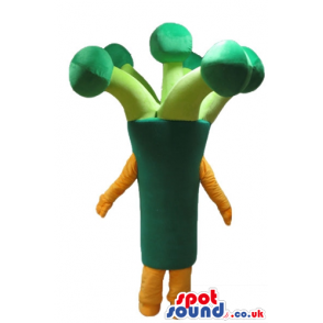 Green broccoli with small eyes and orange arms and legs -