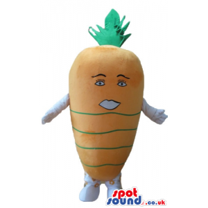 Orange carrot with green hair, small eyes and white arms and