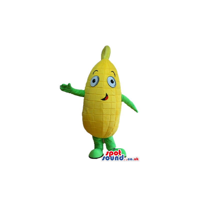 Yellow corn with big eyes and a red mouth, green arms and green