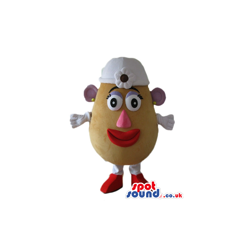 Mrs potato head with a big pink nose, purple ears and eyelids a