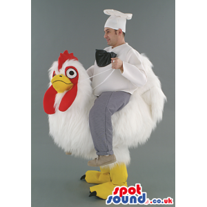 White Hen Mascot With Human Walker Chef Cook On Top