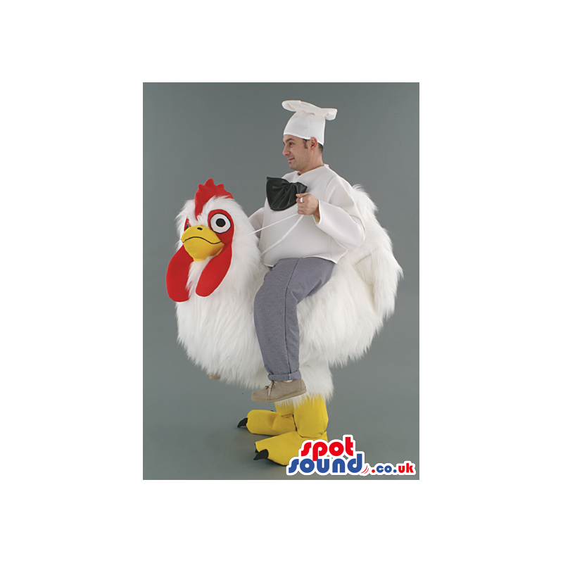 White Hen Mascot With Human Walker Chef Cook On Top - Custom