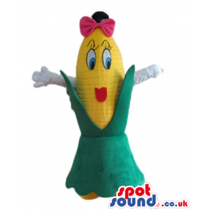 Yellow corn wearing a green dress and a pink bow - Custom