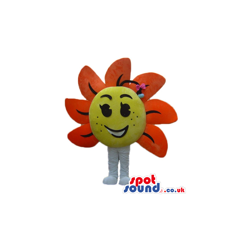 Big smiling flower with orange petals and a yellow center -