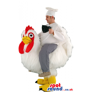 White Hen Mascot With Human Walker Chef Cook On Top - Custom