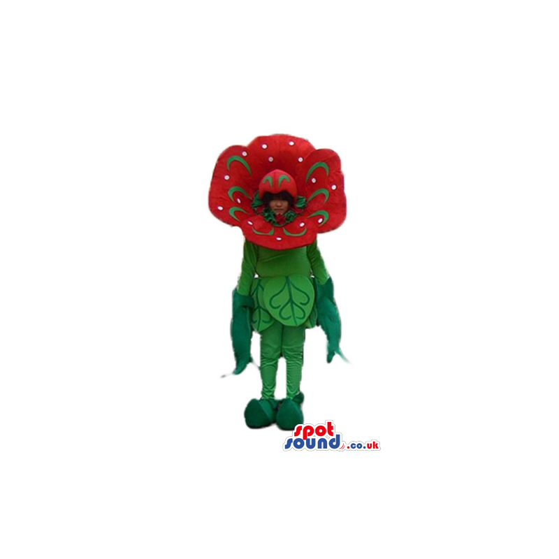 Red flower with a green stem and green leaves - Custom Mascots