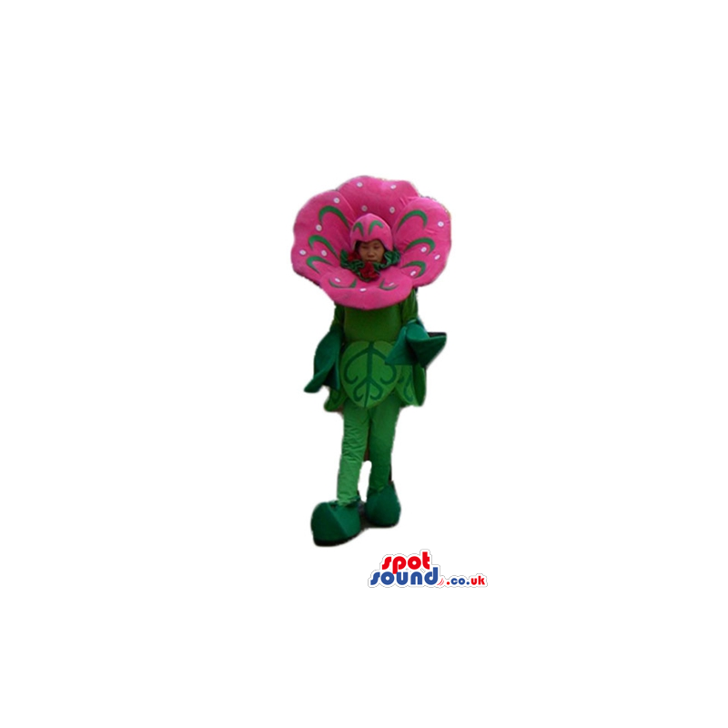 Pink flower with a green stem and green leaves - Custom Mascots